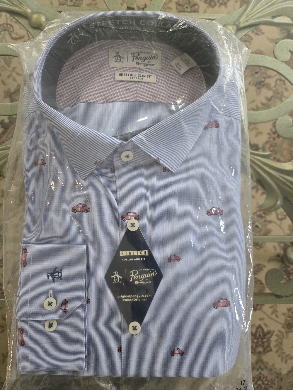 Original Penguin Light Blue Slim Fit Dress Shirt with Red Car Motif